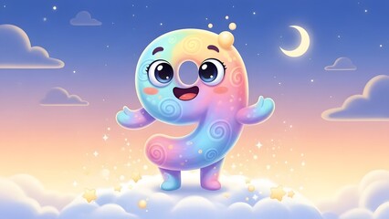 Fototapeta premium Whimsical number nine character, cute pastel rainbow 9 mascot, magical starry night sky background with crescent moon