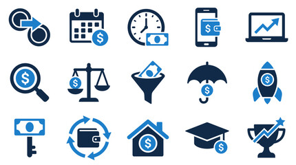 Collection of blue finance and investment icons including money banking growth charts profit with investment calendar magnifier umbrella © Al Rafi