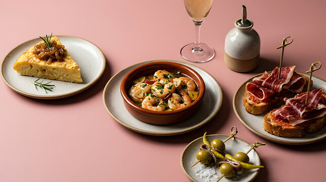 Delicious Spanish Tapas Spread Featuring Tortilla Espa?ola Garlic Shrimp and Jamon Serrano Bites With Sparkling Wine on a Pink Tablecloth