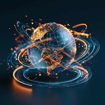 Digital globe with glowing connections shows data flow and networking in technology