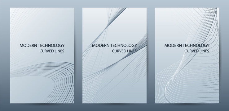 Modern Technology Curved Lines Abstract Grey Wave Background Poster Template Set