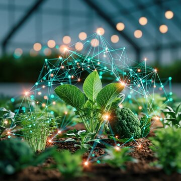 Growing plants in an indoor garden with digital connections above them at dusk