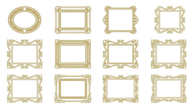 Set of twelve ornate rectangular and oval picture frames with elegant vintage style patterns isolated on a plain white background
