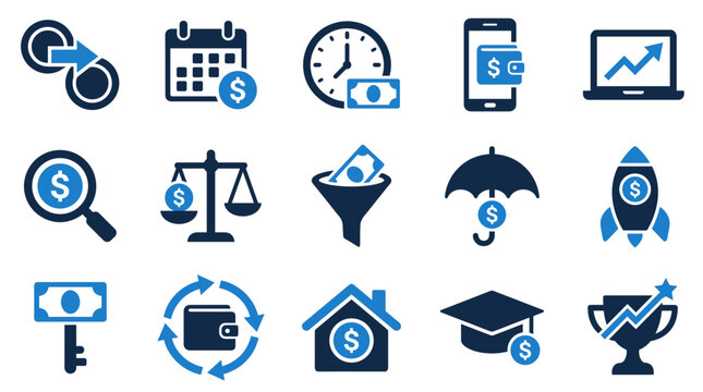 Collection of blue finance and investment icons including money banking growth charts profit with investment calendar magnifier umbrella