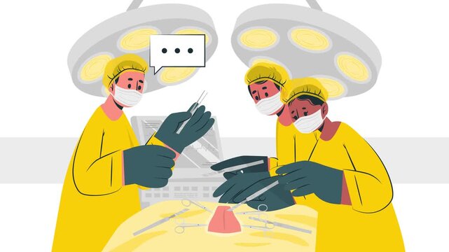 A doctor and nurses are performing surgery with scalpels in their hands. Cartoon-style flat vector art