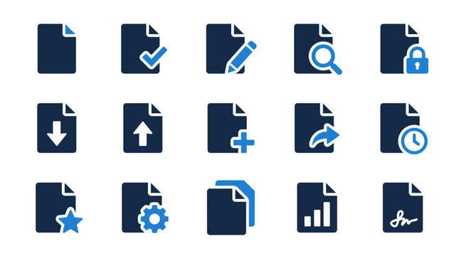 Grid arrangement of flat document icons showing file formats and data management symbols with document management collection graphics