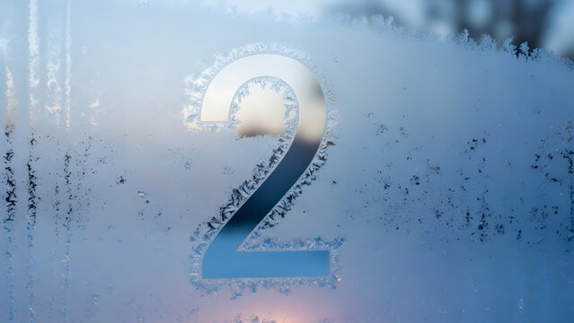 Frosted glass number two, icy window pane with digit 2, cold winter condensation texture, blue frozen glass background