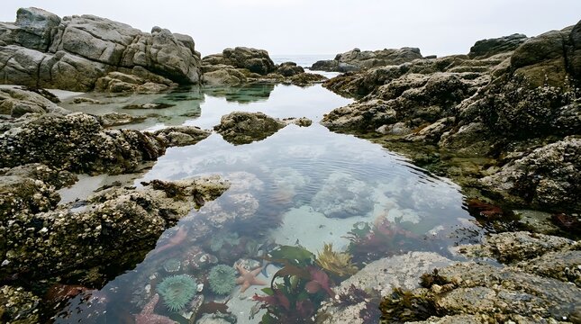 Rocky coastline tide pools with starfish and marine life at low tide pacific northwest