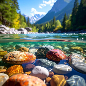 Split level view of crystal clear mountain river with colorful underwater stones