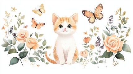 Fototapeta premium Adorable kitten surrounded by colorful butterflies and blooming roses in a floral scene