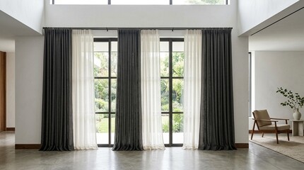 Fototapeta premium Modern Interior Design: Dark & Sheer Curtains on Large Windows with Garden View