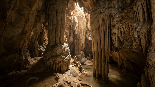 Dramatic stalactites and stalagmites inside a dark cave with a subterranean stream