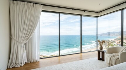 Fototapeta premium Ocean View Luxury Apartment Interior with Curtains and Coastal Scenery