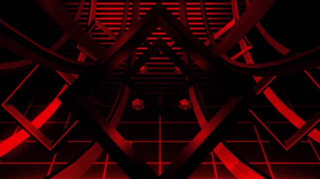Dark futuristic tunnel filled with red neon rails, geometric structures and digitalized horizontal scanlines.