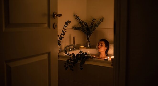Serene Woman Relaxing In A Candlelit Bathtub With Eucalyptus