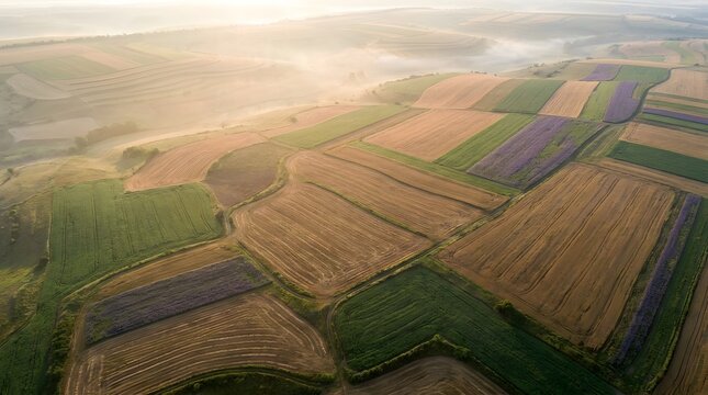 Aerial view of patchwork fields with lavender and crops in golden morning light