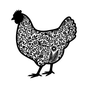 Floral pattern rooster silhouette vector illustration, Floral rooster silhouette illustration