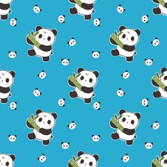 Cute Panda Bear Holding Bamboo Seamless Pattern on Blue Background Illustration © Skhia Rhim