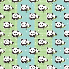 Cute Panda Bear Seamless Pattern on Light Blue Background Illustration © Skhia Rhim