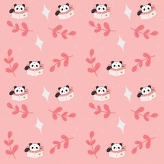 Adorable Kawaii Panda Bear Seamless Pattern with Pink Leaves Illustration © Skhia Rhim