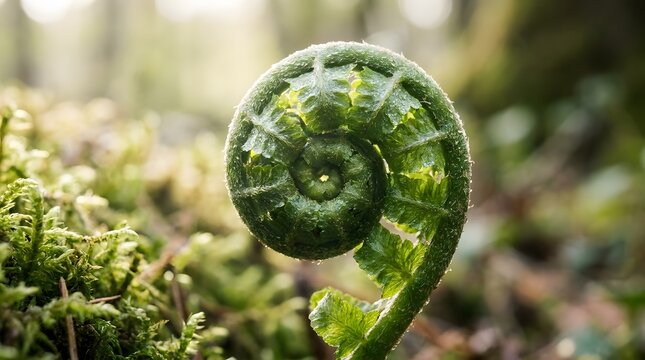 Close up of a vibrant green fern fiddlehead unfurling in a lush forest environment