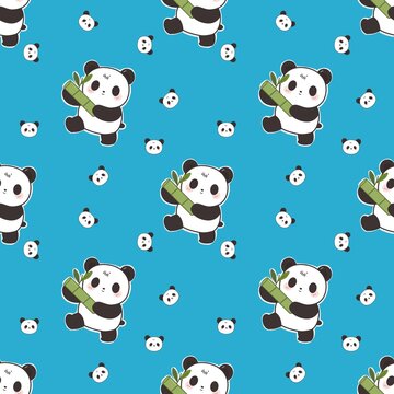 Cute Panda Bear Holding Bamboo Seamless Pattern on Blue Background Illustration