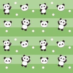 Cute Panda Bear Seamless Pattern on Green Striped Background Illustration © Skhia Rhim
