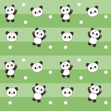 Cute Panda Bear Seamless Pattern on Green Striped Background Illustration