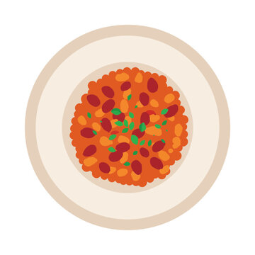 Top view of a plate with tasty baked beans in tomato sauce garnished with fresh green herbs for a healthy breakfast or dinner meal isolated on transparent background, Vector