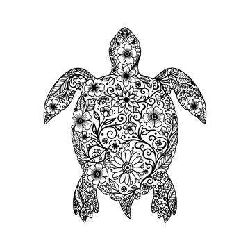 Floral pattern sea turtle silhouette vector illustration, Sea turtle floral vector illustration