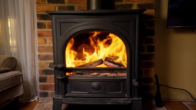 Wood burning stove with roaring fire in cozy room during evening warmth and comfort concept cinematic motion