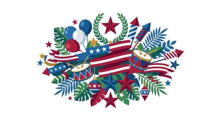 Obraz premium USA Holiday Celebration Collage: Flags, Fireworks, Drums, Balloons, Stars, Leaves