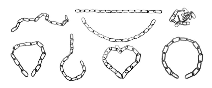 Grunge halftone metal chain link borders and frames set. Vintage steel chains collection in stipple engraving style isolated on white background