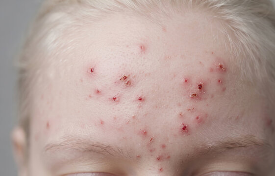 Multiple excoriated acne papules with bloody scabs and crusts on the forehead of fair skin patient