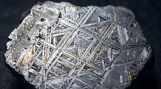 Metallic iron meteorite with Widmanstatten pattern, etched nickel-iron celestial rock, cosmic mineral specimen for science education