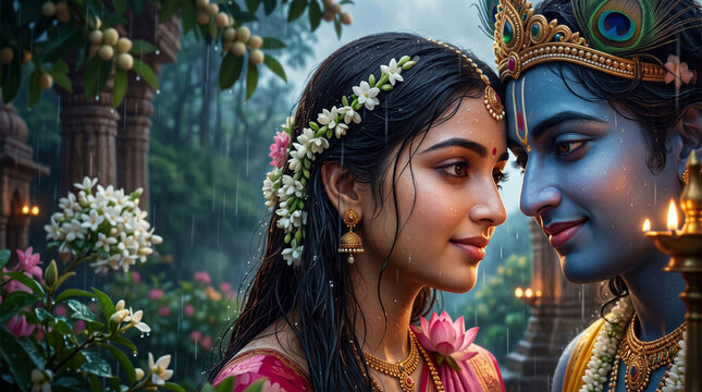 Radha and Krishna together in a flowering garden surrounded by lush greenery and sacred devotional beauty
