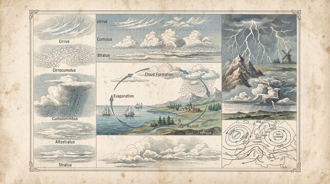 Vintage meteorological chart displaying various cloud formations rain thunderstorms with weather chart vintage illustration historical map scientific illustration weather pattern rain clouds