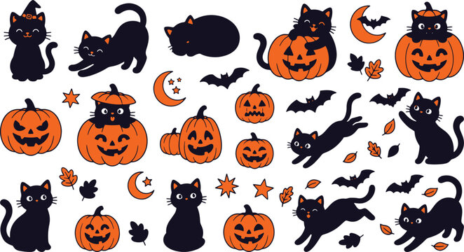 Black cat and jack-o'-lantern halloween bundle, featuring cute cats, carved pumpkins, bats, crescent moons, stars, and autumn leaves