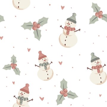 Christmas snowman in beanies with pastel mistletoe on white background with hearts seamless repeatable pattern