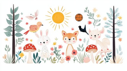 Fototapeta premium Whimsical Forest Scene with Cute Animals and Natural Elements in Soft Colors