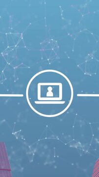 Animation of network of connections and icons cityscape