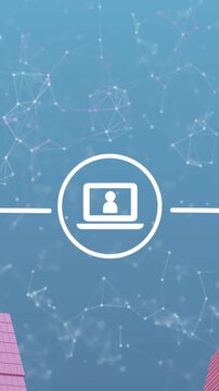 Animation of network of connections and icons cityscape