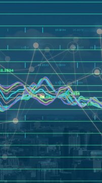 Animation of graph processing data over dark cityscape