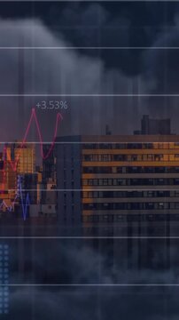 Animation of charts and graphs processing data over clouds and cityscape