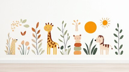 Naklejka premium Colorful and Playful Animal Wall Mural for Children's Room or Nursery Decor