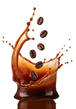 viscous, deep mahogany espresso crown splash frozen mid-explosion, suspended arabica beans, hyperrealistic macro product shot with dramatic rim lighting on white. concept for beverage advertising