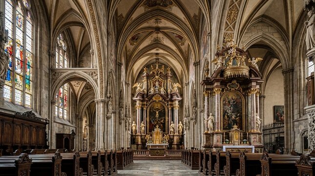 Gothic Cathedral Interior: Ornate Altar, Stained Glass, Vaulted Ceilings