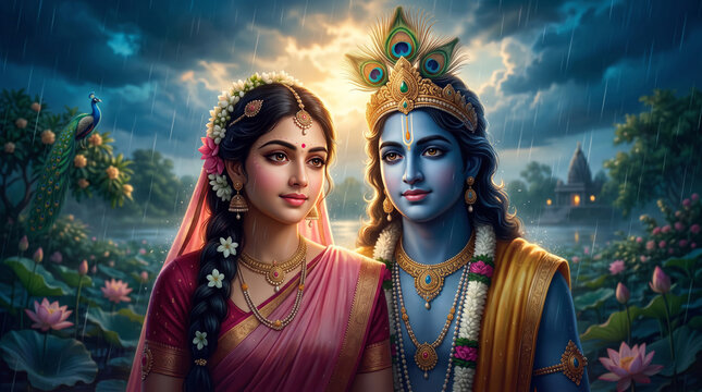 Radha and Krishna standing together in a lush landscape beneath dramatic clouds and warm sunlight