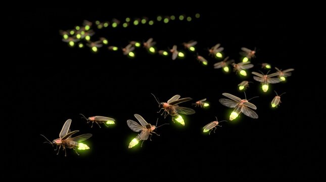 A swarm of glowing fireflies flying in a winding path through the dark night with firefly swarm glowing insects lightning bug night flight dark background luminescent bugs glowing trail