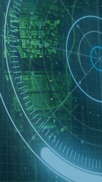Radar scanning animation over cityscape with grid lines and data points